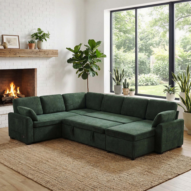 Canapé-lit modulaire en forme de U vert 111 po avec méridienne réversible et poches de rangement pour le salon