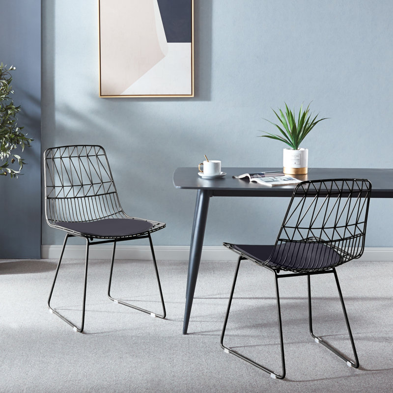 Yuki Geometric Metal Dining Chair with PU Leather Seat Pad, Black