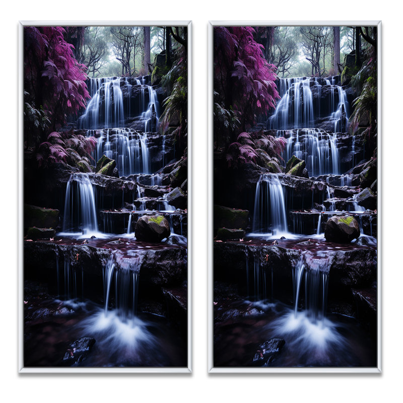 «Pink Grey Waterfall Misty Reverie», 2 pièces sur toile, Cadre blanc, H 32 po x l 32 po