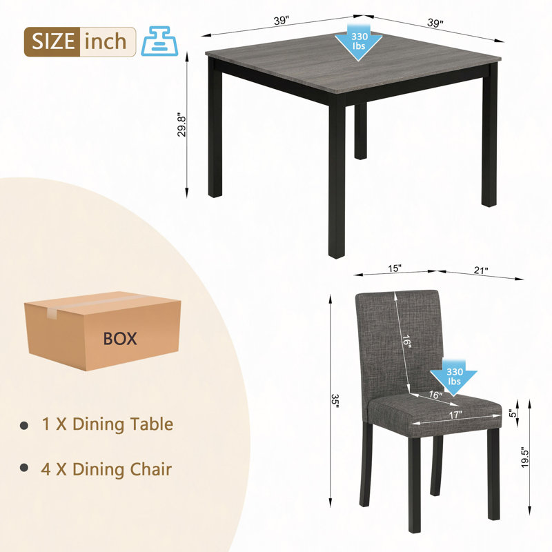 5-Piece Wooden Dining Table Set, 29.8" H x 39" W x 39" D