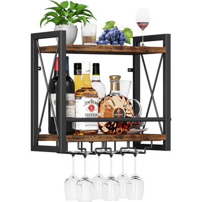 Wall Mounted Wine Rack, Bottle & Glass Holder Wood-Metal Retro Wine Rack, Wine Bottles Display Wall Storage for Kitchen Dining Room Home Bar by Red Barrel Studio