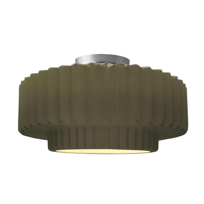 Radiance Ceramic Pleated Semi-Flush Mount, 8" H x 16.5" W x 16.5" D, Matte Green, Brushed Nickel