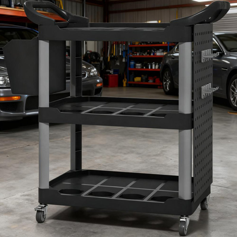 Chariot à outils à 3 niveaux, chariot utilitaire en plastique avec tablette latérale et seau