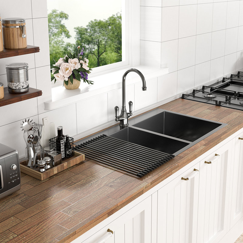 Double Bowl Drop In Sink- 33"X22" Gunmetal Black  Double Bowl Kitchen Sink 16 Gauge With Two 9" Deep Basin