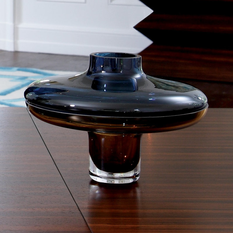 Low Amber Over Cobalt Vase, 6'' H x 9" W x 9" D