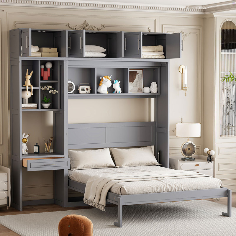 Lit escamotable mural avec bureau, armoire supérieure et tablettes de rangement, lit pliable peu encombrant, Gris, Grand lit