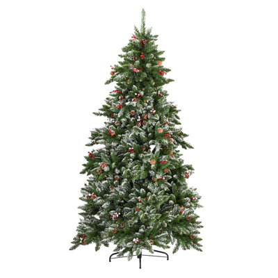 Arbre de Noël 7,5 pi floqué, 450 lumières multicolores et blanc chaud avec télécommande, pommes de pin et baies