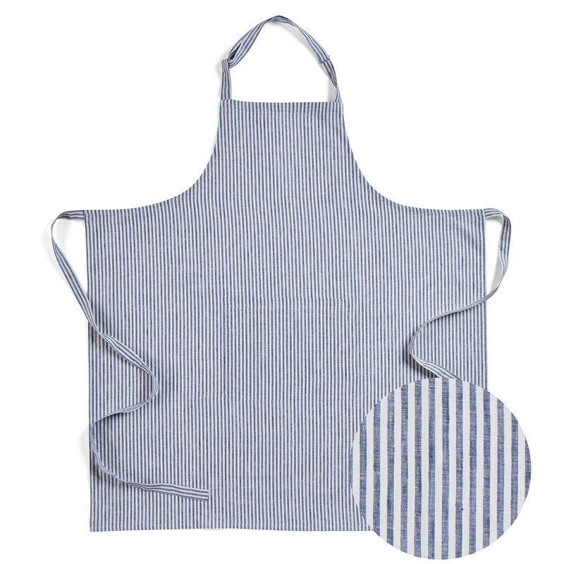Linen Full Midi Apron - 100% Pure Linen Apron, Navy/White