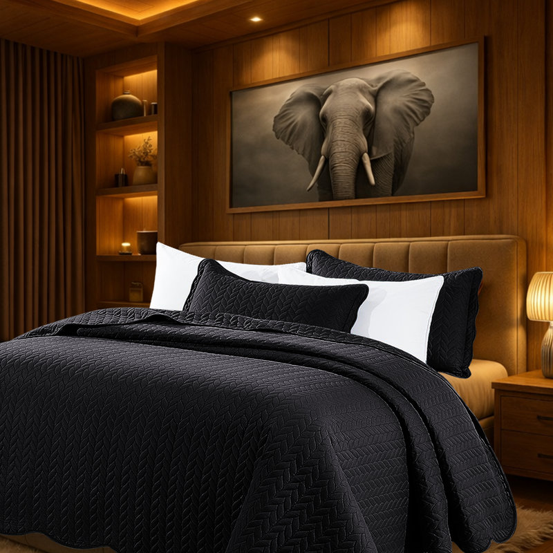 Microfiber Embossed Oversized Bedspread Set With Shams – Modern & Contemporary, Machine Washable, Dust-Resistant, Black