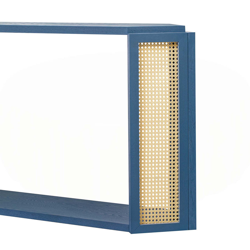 Console Table With Bottom Shelf And Rattan Side, Antique Blue