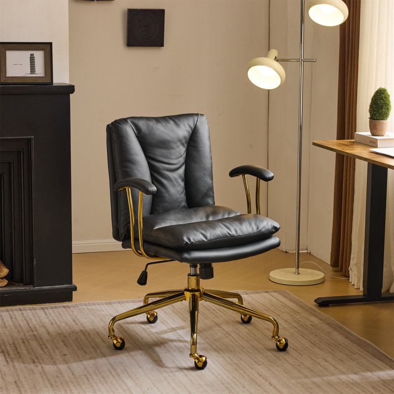 24" W Swivel Upholstered PU Office Chair, Black