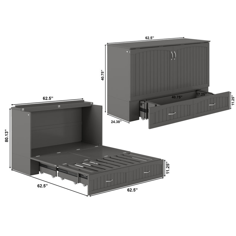 Arletha Murphy Bed Chest with 6" Mattress, Storage & Built-in Charger, Gray