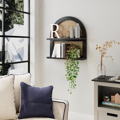 Tablette murale en rotin Boho fabriquée à la main - tablette flottante arquée à 2 niveaux, décor de ferme rustique, osier naturel et bois de pin, présentoir mural pour chambre de bébé, salon ou bureau