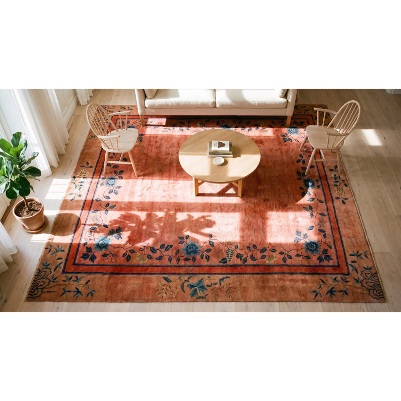 Coral / Salmon Pink 1920s Wool Antique Square Hand Knotted Pile Floral Rug