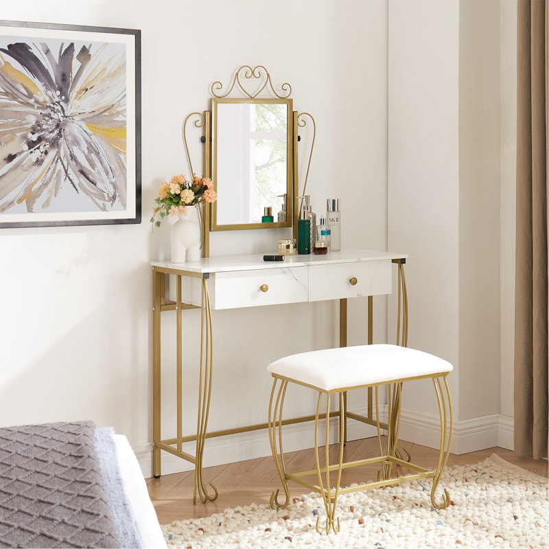 Elegant White and Gold Vanity Table Set with Bench