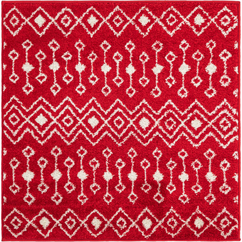 Tapis géométrique en chenille / polyester tissé à la machine Briehn - rouge / blanc, Carré 3 pi 3 po