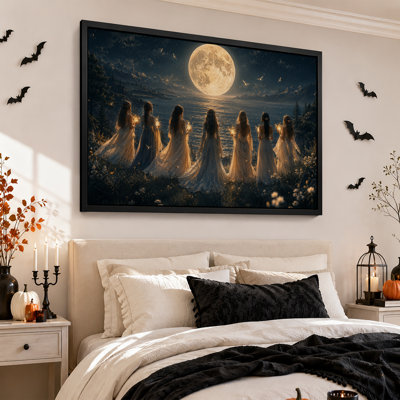 Sept femmes aux lumières scintillantes face à une lune géante - Toile murale d'Halloween
