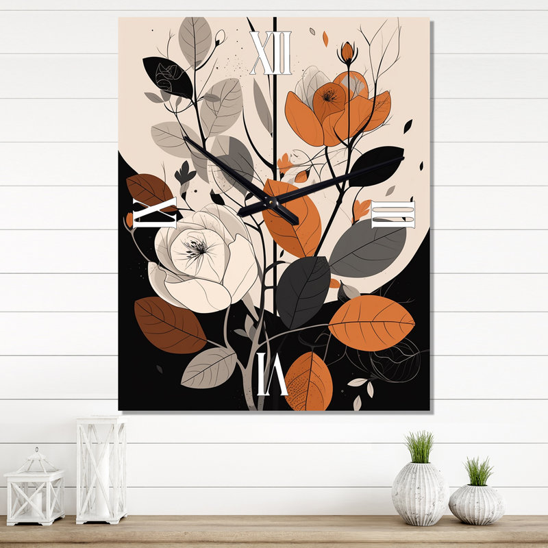Retro Terracotta Wildflowers Illustration VIII - Abstract Botanicals Wall Clock Oversized, 32" H x 24" W x 1" D
