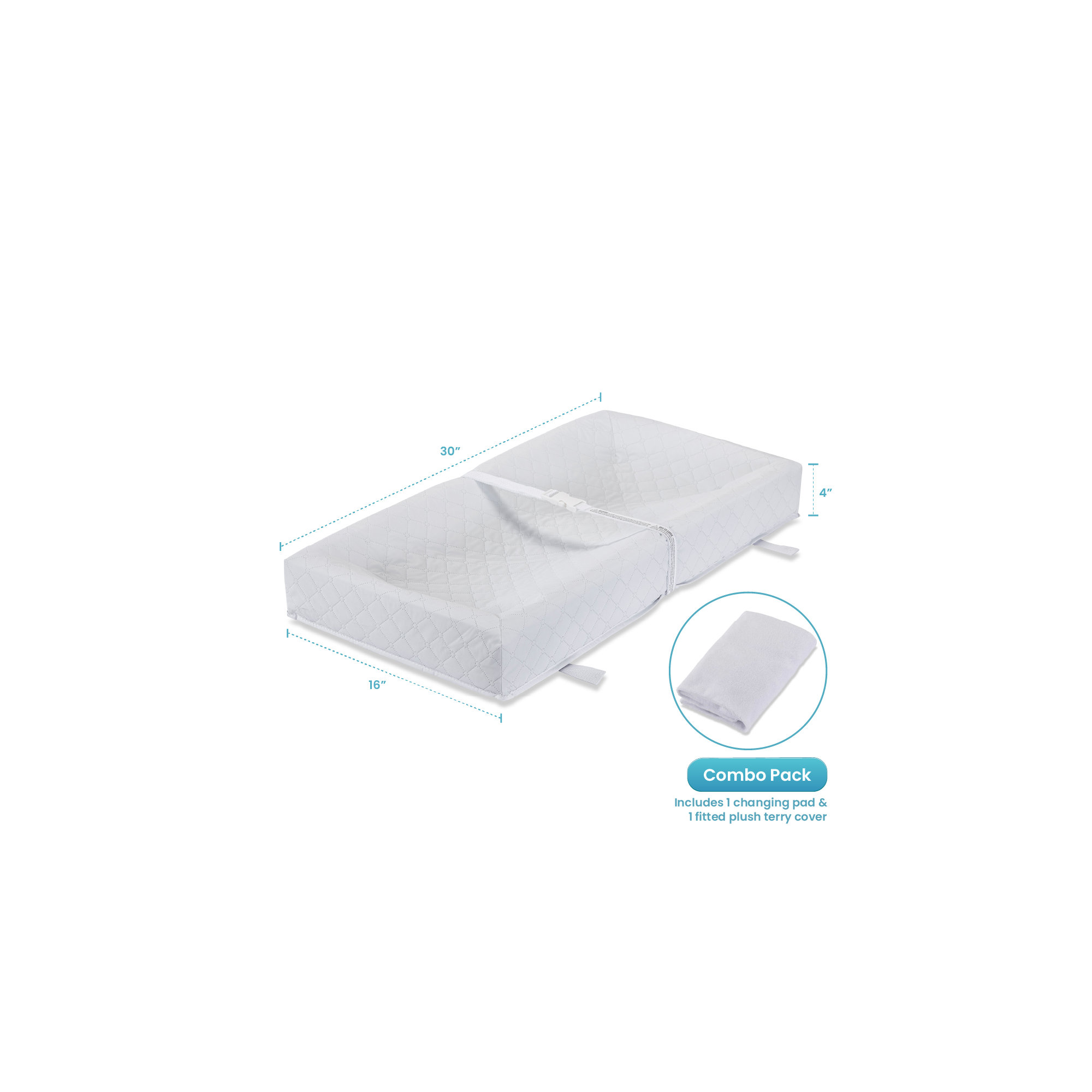 Johnathan Combo Pack Waterproof Changing Pad with Fitted Plush Cover, 4" H x 30" W x 16" D, White