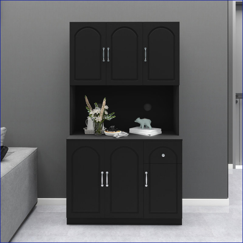 71” Modern Black Kitchen Pantry Storage Cabinet with Microwave Countertop | E1 MDF | Adjustable Shelves
