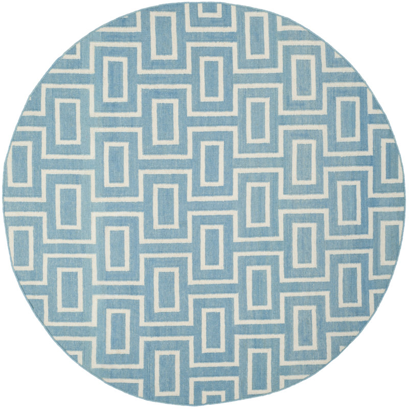 Rodgers Hand Woven Flat Weave Wool/Cotton Geometric Rug in Light Blue, Round 6'