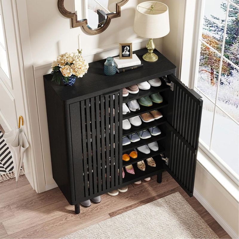 Armoire à chaussures 33,46 po en bois noir moderne à 6 niveaux avec portes à persiennes, Noir