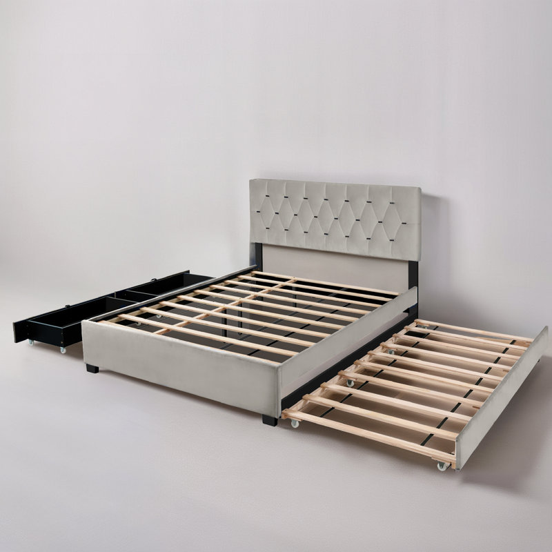 Structure de lit tapissier avec lit gigogne simple et 2 tiroirs sous le lit, gris