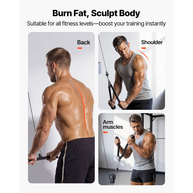Système de poulie, 1 système de poulie LAT et Lift, 1 support pour poulies de gymnastique avec deux câbles en acier, barre courte, poignées doubles, machine à câble pour biceps, épaules, dos, capacité jusqu'à 280 lb