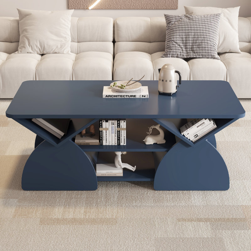 Table basse rectangulaire moderne bleue avec coins arrondis, tablettes de rangement ouvertes et cadre robuste - Table à conception géométrique facile à assembler pour le salon ou la salle de réception 