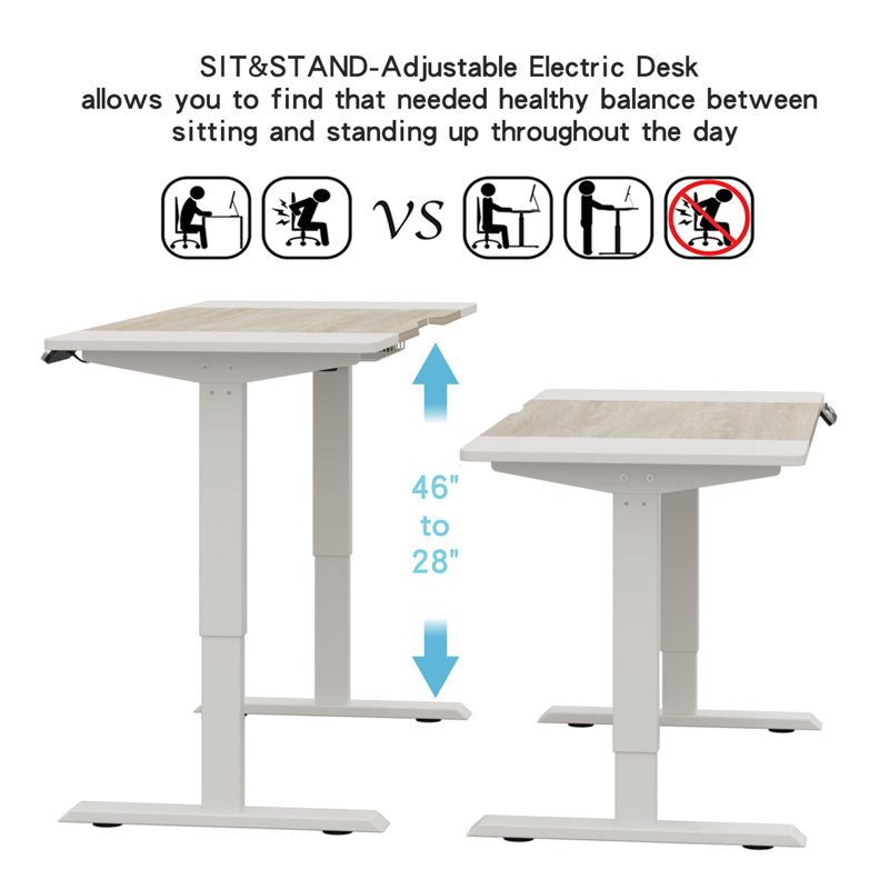 Bureau pour travailler debout électrique à hauteur réglable de 63 po x 30 po (sans tabourets), Chêne / Blanc