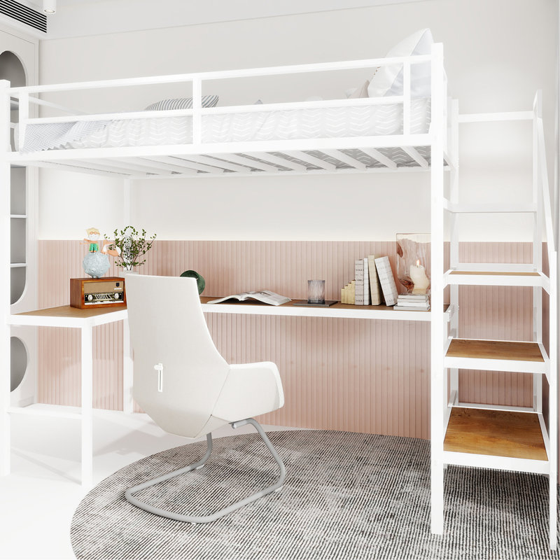 Lit mezzanine simple en fer avec bureau en forme de L et trois tablettes, fonctionnalité, stabilité à long terme, pour espace de travail à la maison