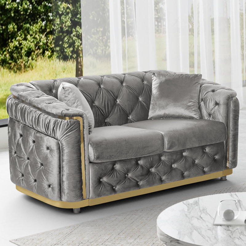  62.6 Inch Luxury Chesterfield Velvet Loveseat With Gold Accent Arms , Blue