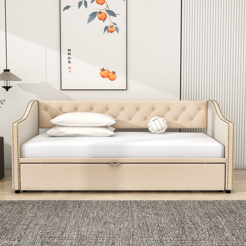 Lit de jour simple tapissier en bois avec lit gigogne simple, Beige