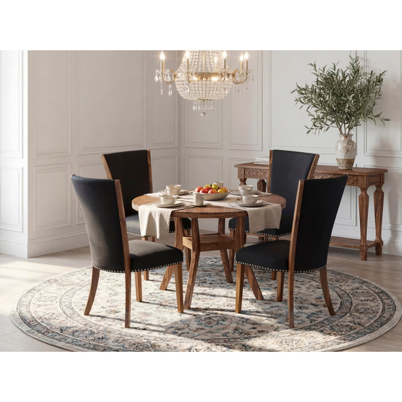 Ensemble de salle à manger 5 pièces pour 4 personnes comprenant une table ronde de 48 po avec piédestal et 4 chaises parsons en tissu de lin noir, noyer antique