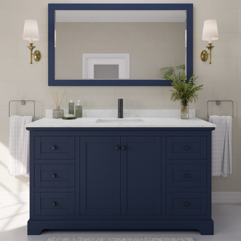 Ensemble de meuble-lavabo simple 60 po avec miroir Avery, Bleu foncé, Marbre de culture de Carrare veiné clair, Noir mat