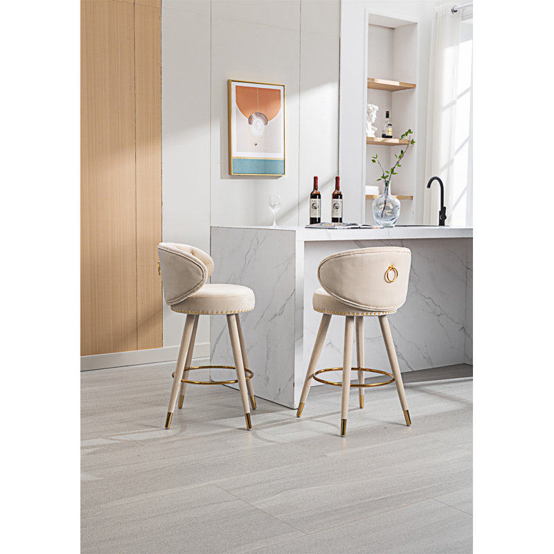 COOLMORE Counter Height Bar Stools Set Of 2 For Kitchen Counter Solid Wood Legs With A Fixed Height Of 360 Degrees, Beige