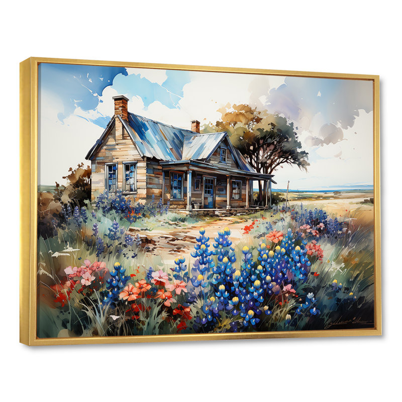«Blue Bonnets Farm Charm» sur toile, H 30 po x l 40 po x P 1,5 po, Cadre flottant doré
