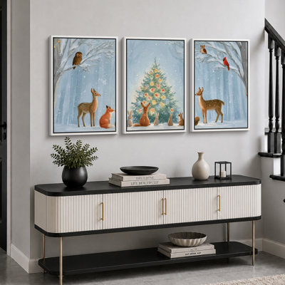 Tableau d'hiver représentant des animaux de la forêt et un sapin de Noël, décoration murale pour le salon, impression giclée sur toile encadrée en 3 parties - 3 pièces de 40,6 x 61 cm et 3 pièces de 61 x 91,4 cm