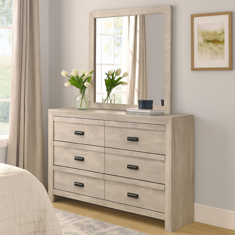 Velz 2Pc Dresser And Mirror Set, 6 Drawers, Finger Pull Handles, Dark Gray Wood, Beige