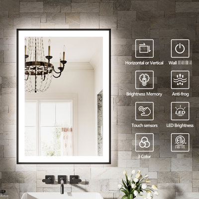 Miroir de salle de bain intelligent 40 x 32 pouces avec éclairage réglable, fonction de brouillard, compatibilité avec interrupteur mural, composants UL, miroir argenté cuivré, verre trempé de 5 mm avec luminosité et couleur, construit