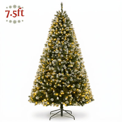 7.5 ft Pre-Lit Artificial Christmas Tree with Partially Frosted Hinged Branches, Metal Stand for Holiday Decor