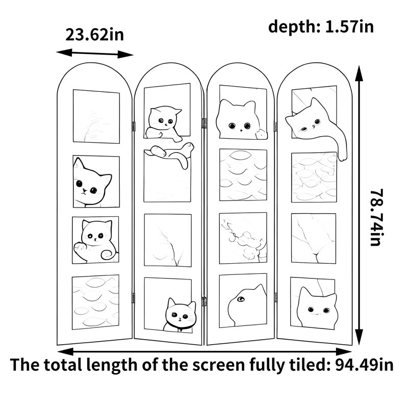 Adorable paravent pour chat, H 78,74 po x l 94,49 po x P 1,57 po, Or / blanc / brun / vert / rose / orange