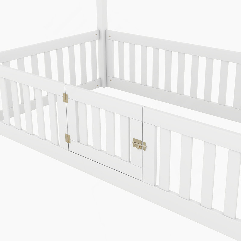 Lit simple en bois avec clôture et porte, blanc, Blanc