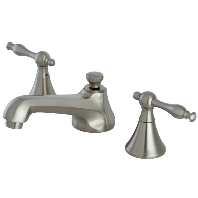 Kingston Brass Naples Two-Handle 3-Hole Deck Mount Widespread Bathroom Faucet with Brass Pop-Up Drain, Brushed Nickel