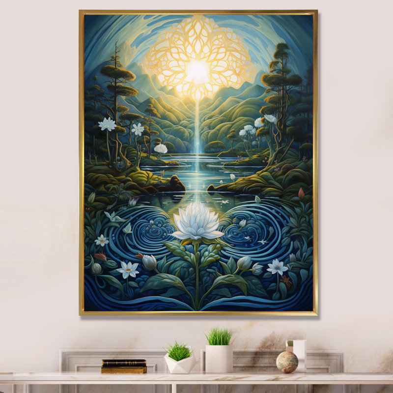 «Flower Awakening Serenity Sunrise» sur toile, Cadre flottant doré, H 32 po x l 24 po x P 1 po