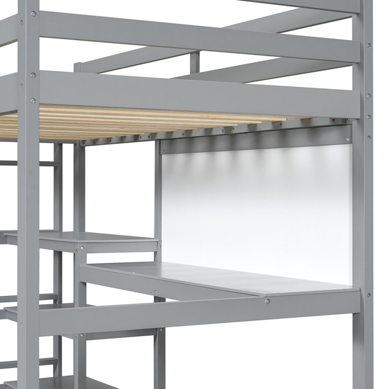 Lit mezzanine simple en bois avec tablettes, bureau et tableau d'écriture, Gris