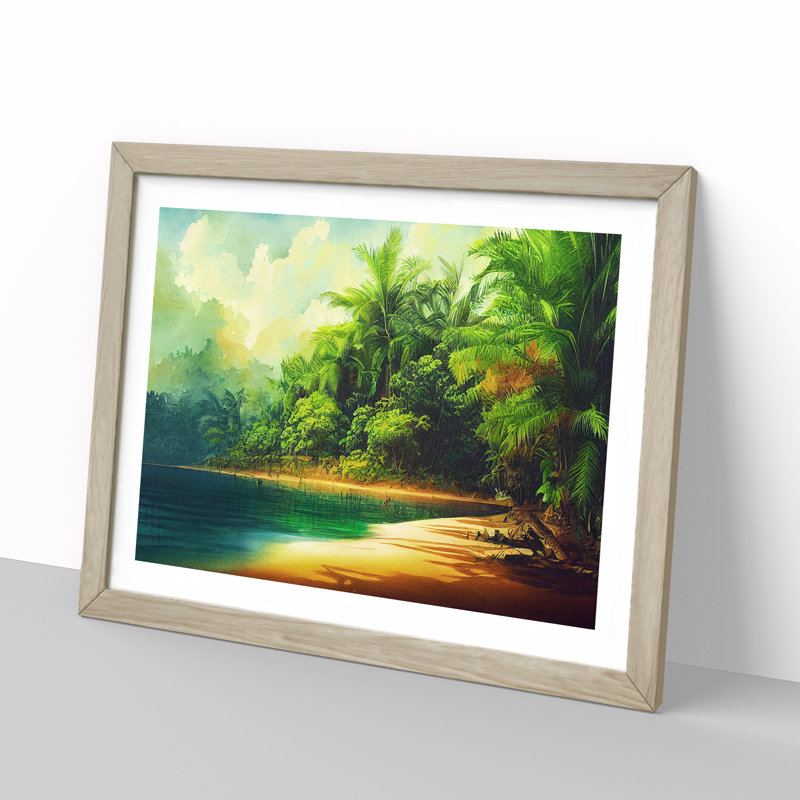 Tropical Forest Beach - Single Picture Frame Print, 46cm H x 64cm W x 2cm D, Oak