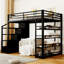 Lit mezzanine double en métal avec tablettes de rangement, armoires et garde-robe, noir-1068738192