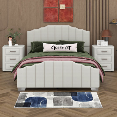 3-Pieces Bedroom Sets, Velvet Upholstered Platform Bed Frame With Vertical Tufted Headboard & Footboard, Set Of 2 3-Drawer Nightstands
