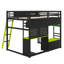 Structure contemporaine pour lit mezzanine double pleine grandeur, avec bureau, tablettes de rangement, lumières DEL, ports USB et panneau perforé-1538740092